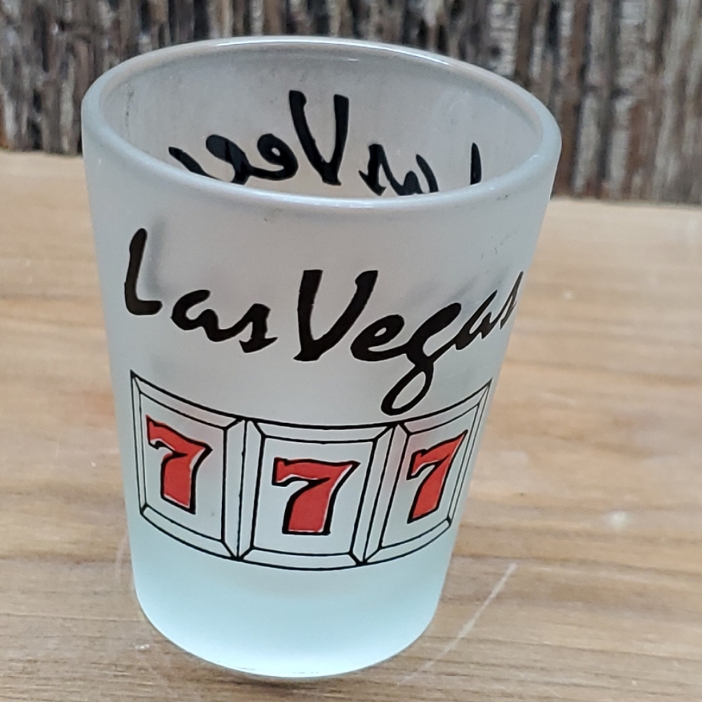 Las Vegas Shot Glass Red 7's Slots Cards Two-Sided Frosted Souvenir